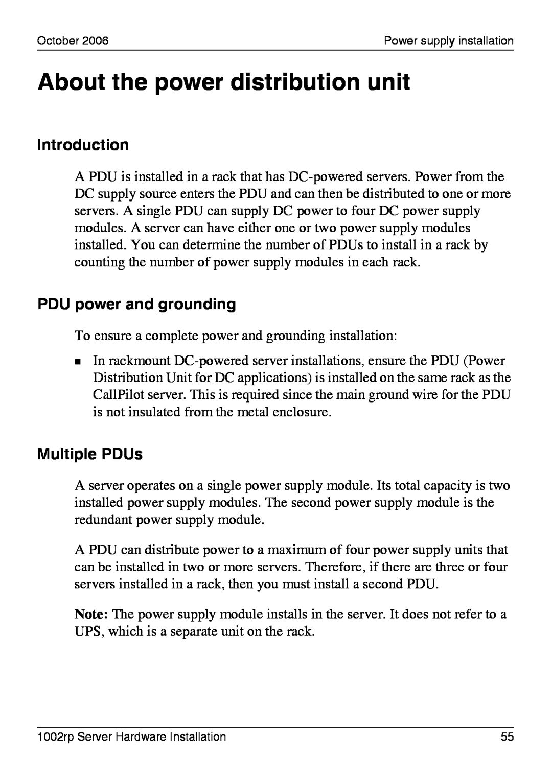 Nortel Networks 1002rp manual About the power distribution unit, PDU power and grounding, Multiple PDUs, Introduction 