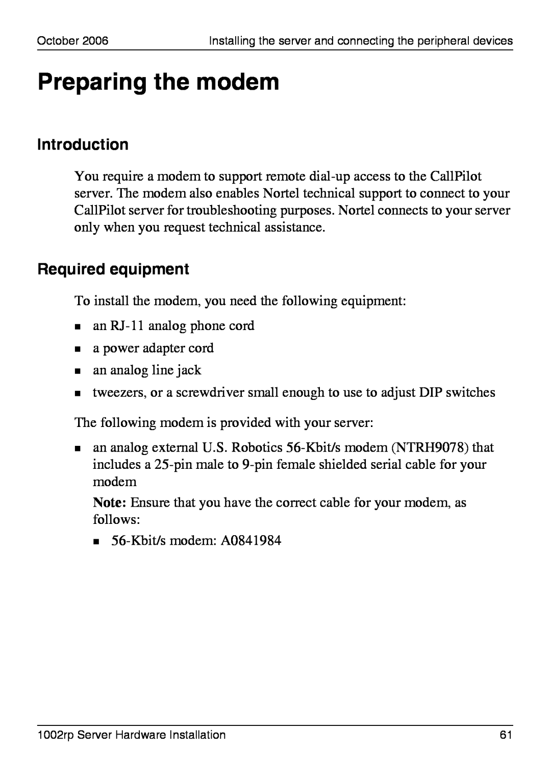Nortel Networks 1002rp manual Preparing the modem, Required equipment, Introduction 