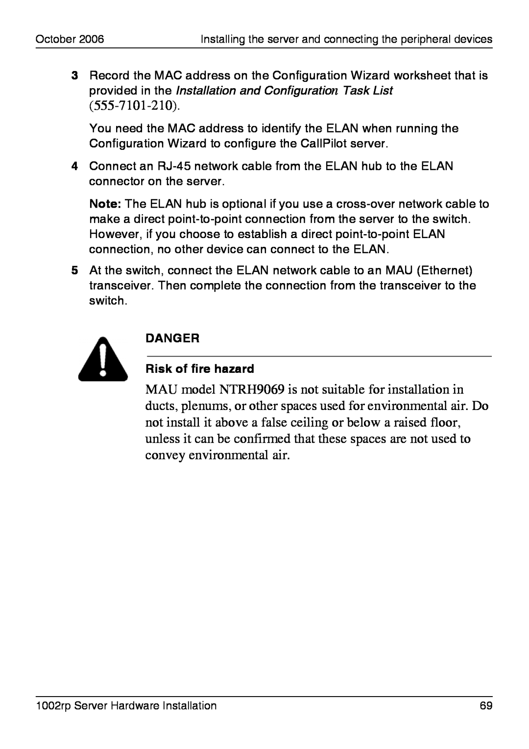 Nortel Networks 1002rp manual 555-7101-210, DANGER Risk of fire hazard 