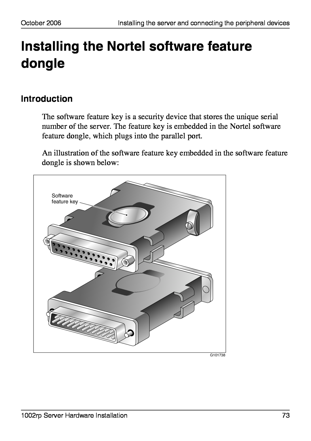 Nortel Networks 1002rp manual Installing the Nortel software feature dongle, Introduction, Software, feature key 