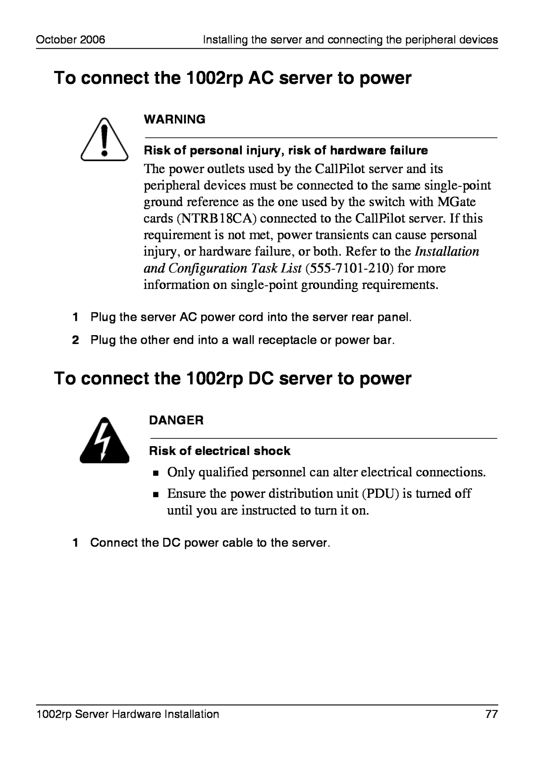 Nortel Networks manual To connect the 1002rp AC server to power, To connect the 1002rp DC server to power 