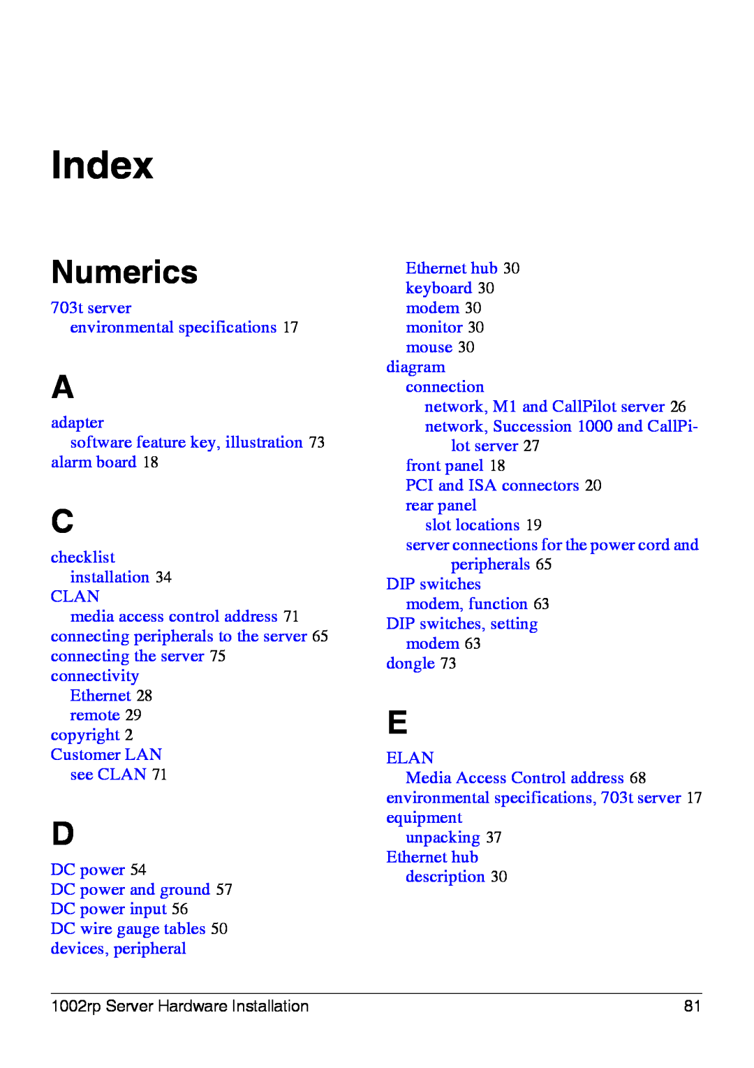 Nortel Networks 1002rp manual Index, Numerics 