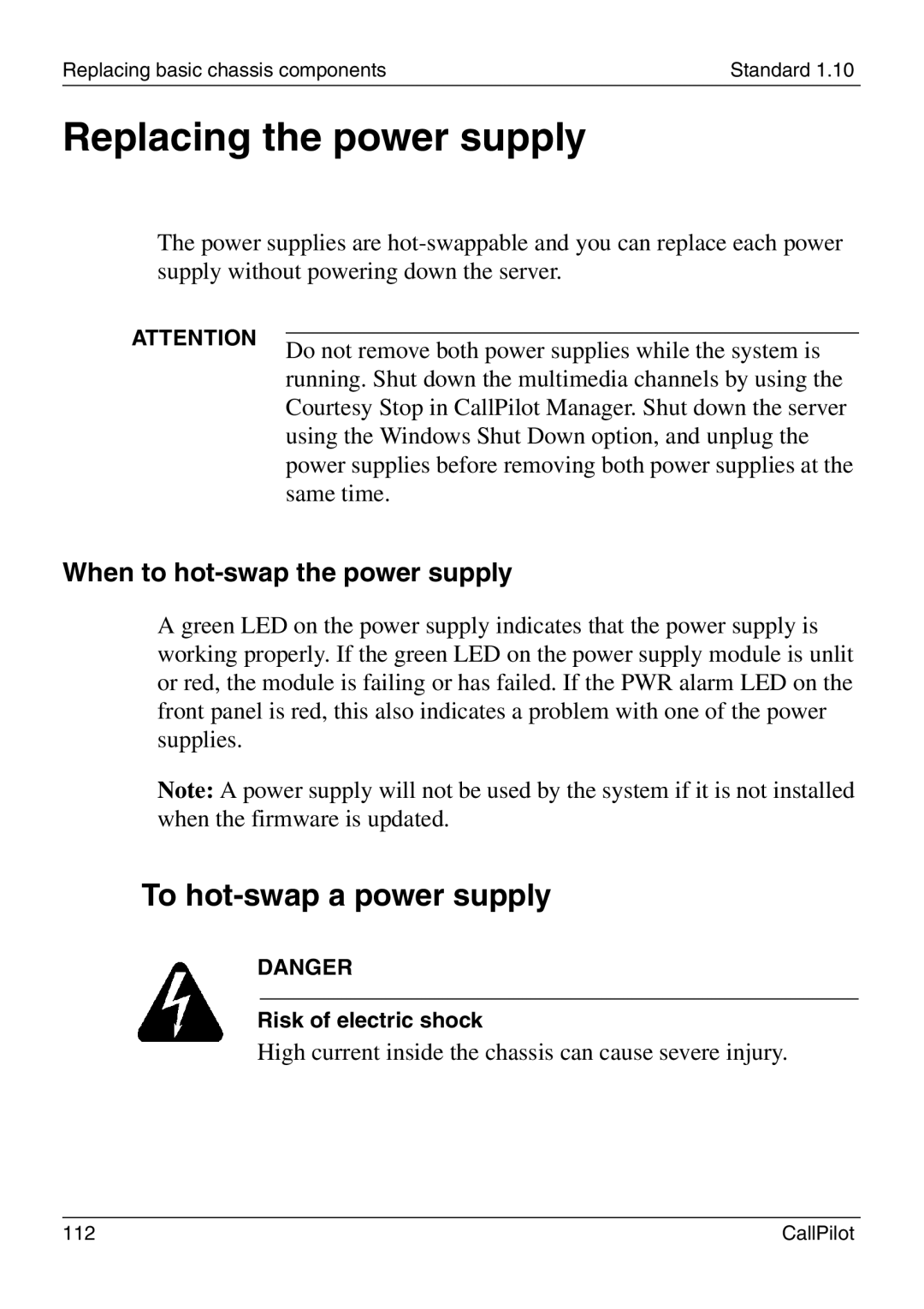 Nortel Networks 1005r manual Replacing the power supply, To hot-swap a power supply, When to hot-swap the power supply 