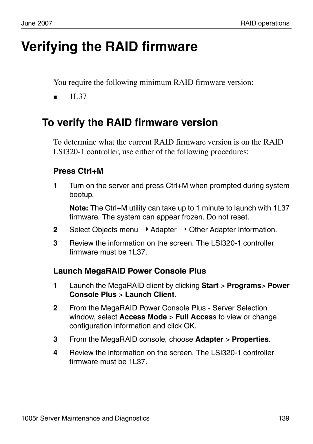 Nortel Networks 1005r manual Verifying the RAID firmware, To verify the RAID firmware version, Press Ctrl+M 