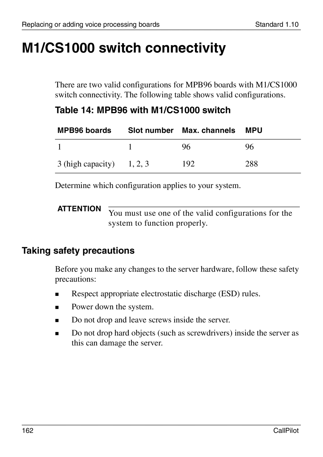 Nortel Networks 1005r manual M1/CS1000 switch connectivity, MPB96 with M1/CS1000 switch, Taking safety precautions 