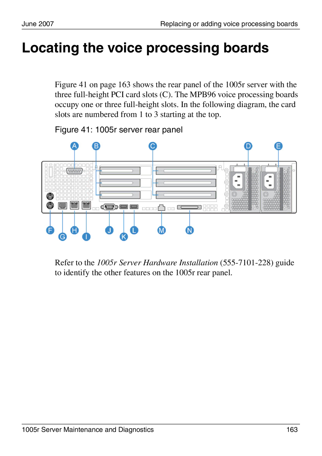 Nortel Networks manual Locating the voice processing boards, 1005r server rear panel 