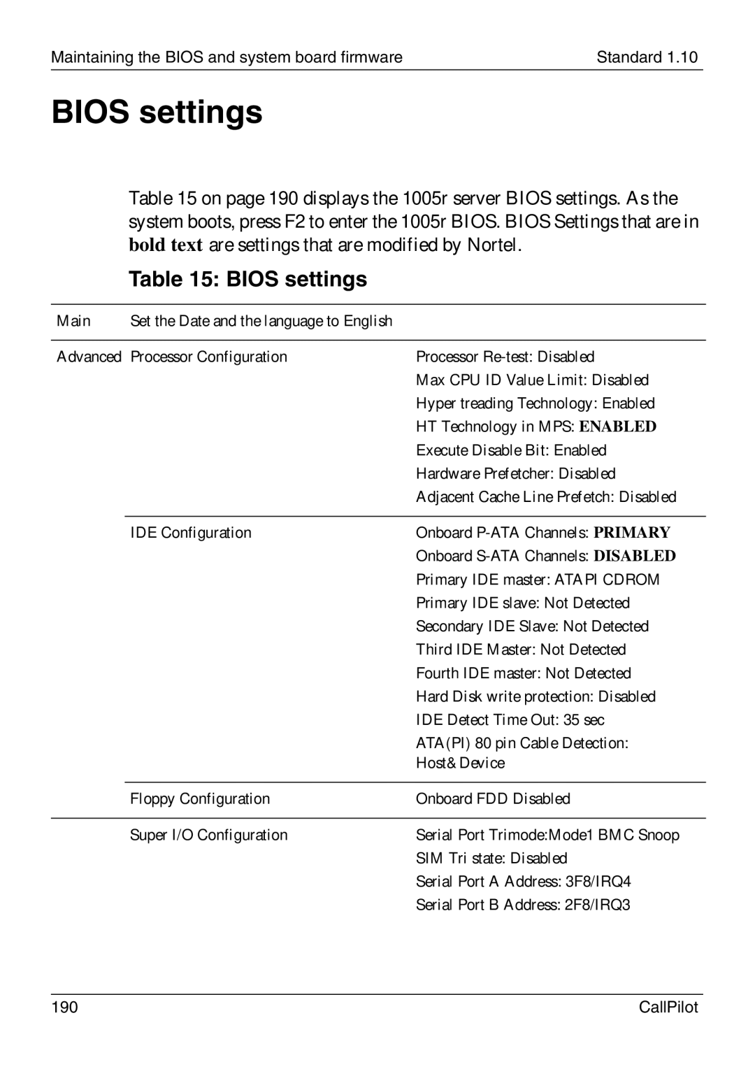 Nortel Networks 1005r manual Bios settings 