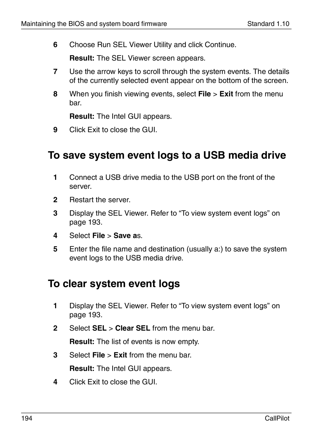 Nortel Networks 1005r manual To save system event logs to a USB media drive, To clear system event logs 