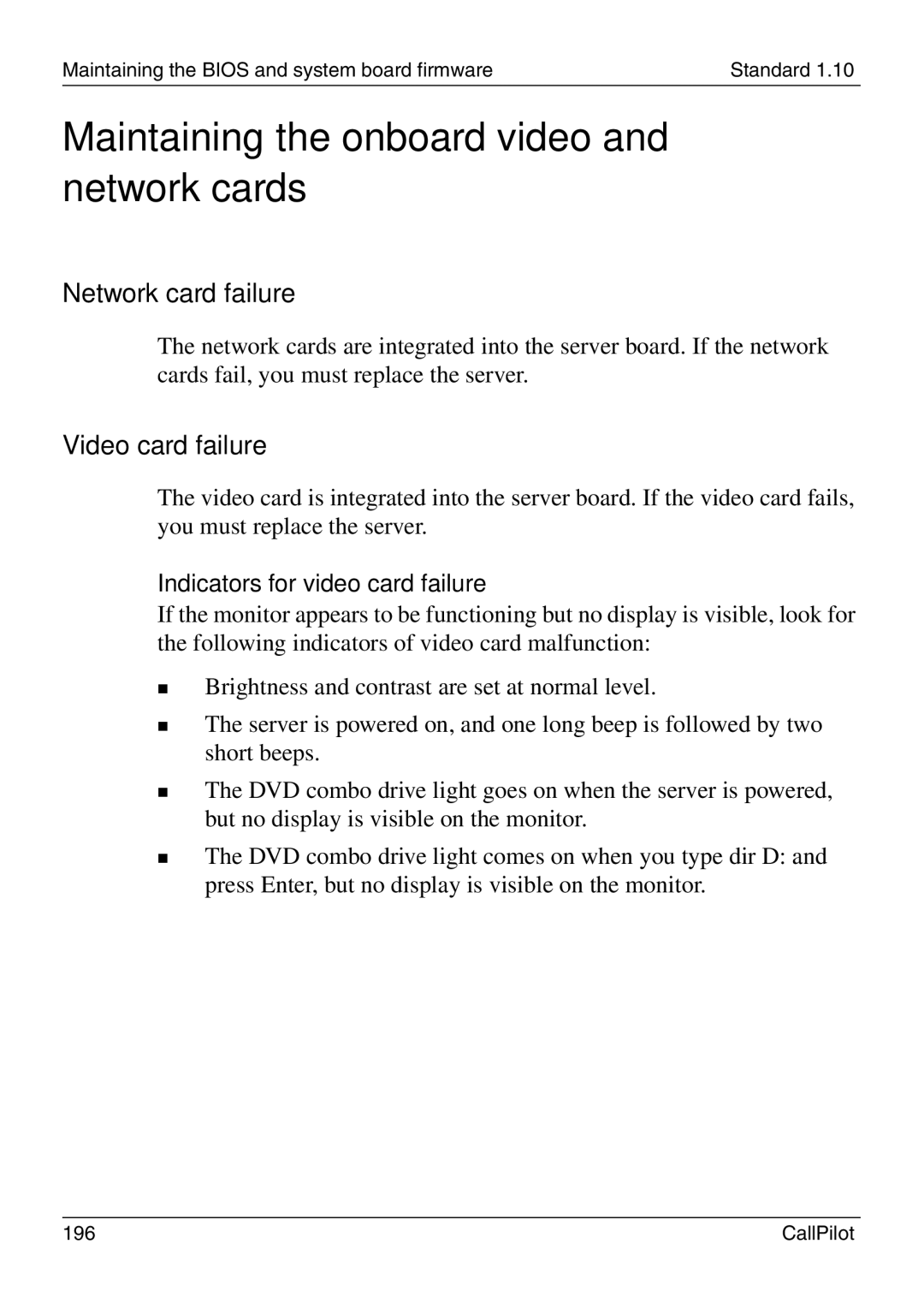 Nortel Networks 1005r manual Maintaining the onboard video and network cards, Network card failure, Video card failure 