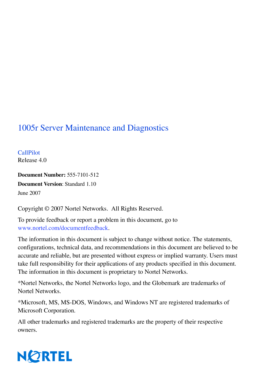 Nortel Networks manual 1005r Server Maintenance and Diagnostics 