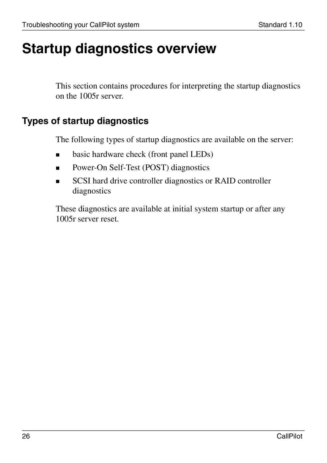 Nortel Networks 1005r manual Startup diagnostics overview, Types of startup diagnostics 