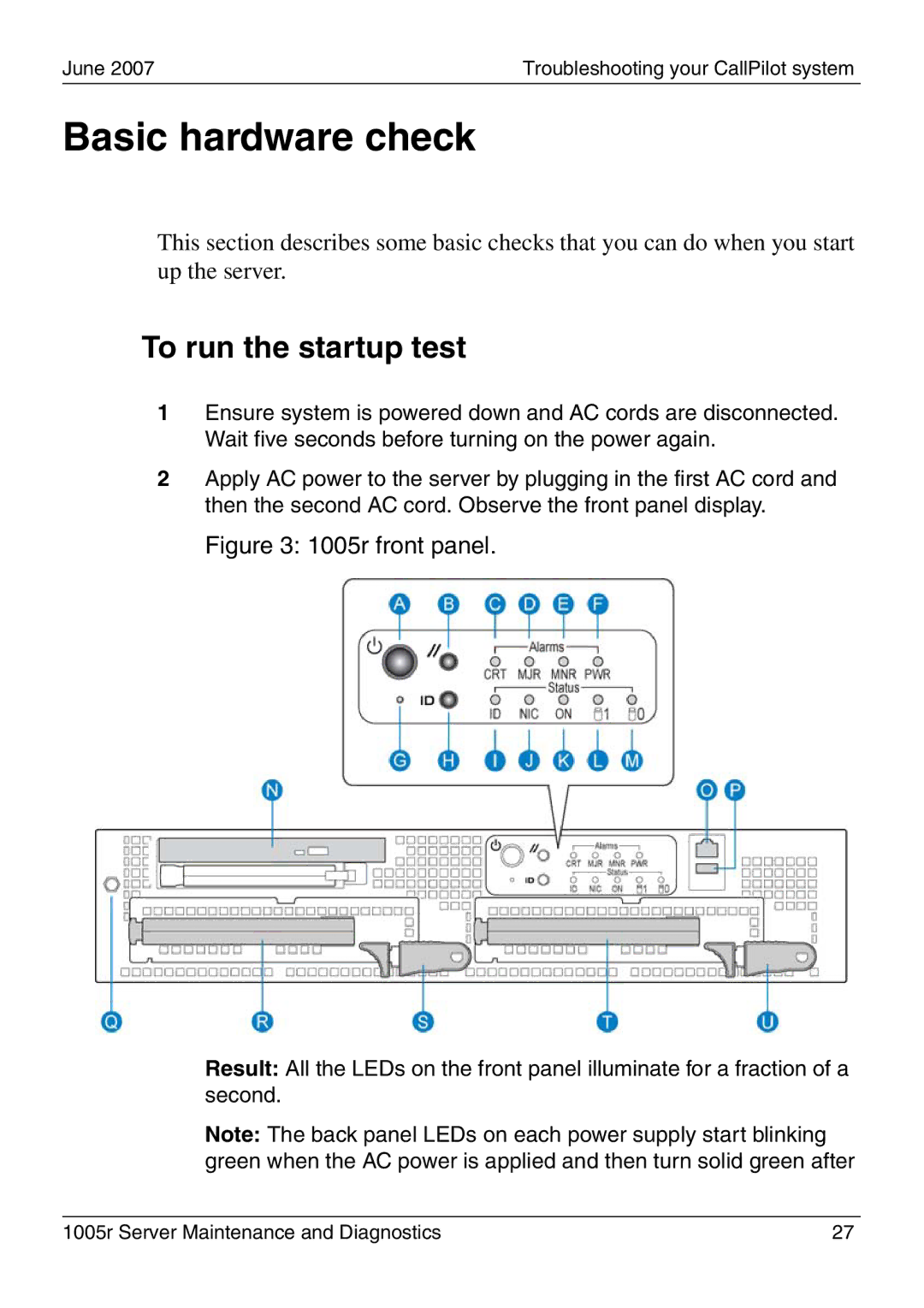 Nortel Networks 1005r manual Basic hardware check, To run the startup test 