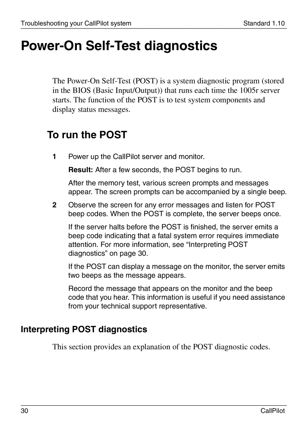 Nortel Networks 1005r manual Power-On Self-Test diagnostics, To run the Post, Interpreting Post diagnostics 