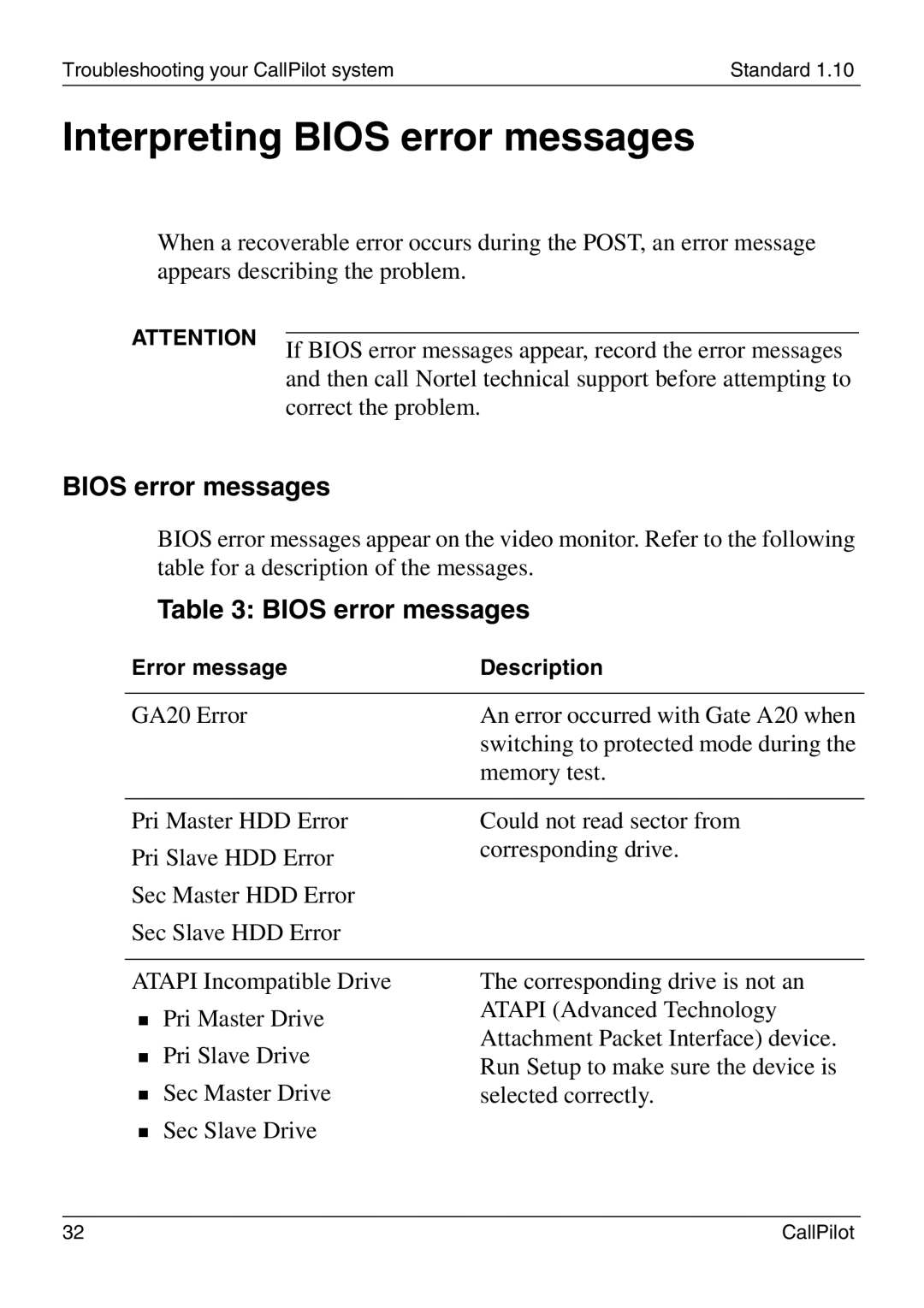 Nortel Networks 1005r manual Interpreting Bios error messages 