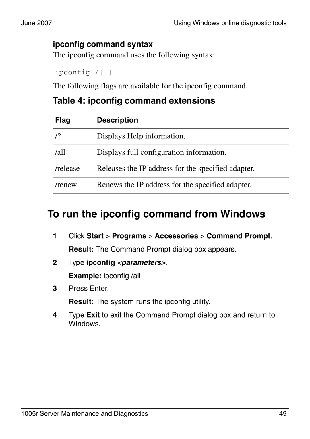 Nortel Networks 1005r manual To run the ipconfig command from Windows, Ipconfig command extensions, Ipconfig command syntax 