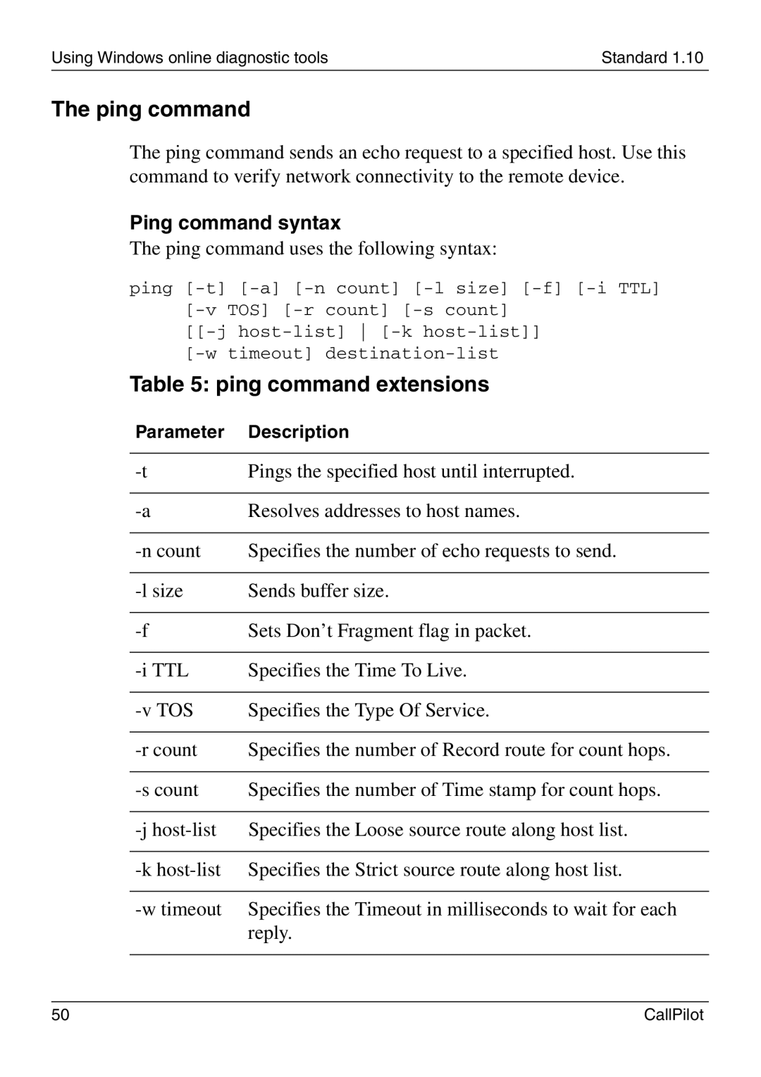 Nortel Networks 1005r manual Ping command extensions, Ping command syntax 