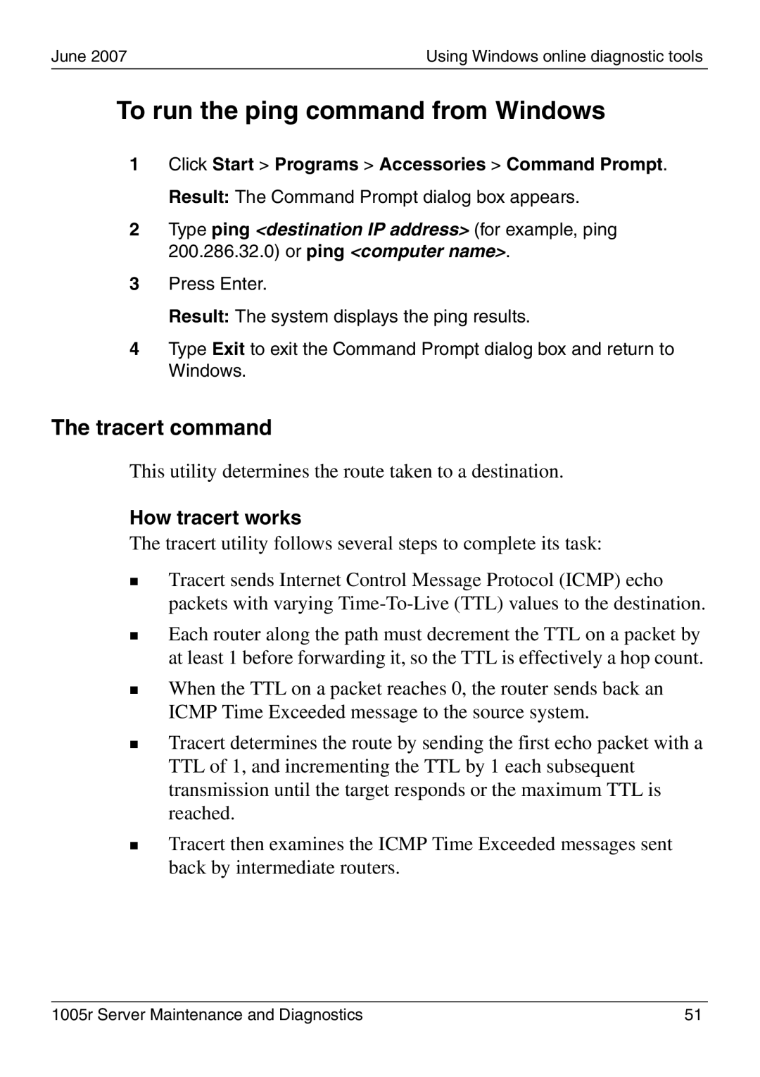 Nortel Networks 1005r manual To run the ping command from Windows, Tracert command, How tracert works 