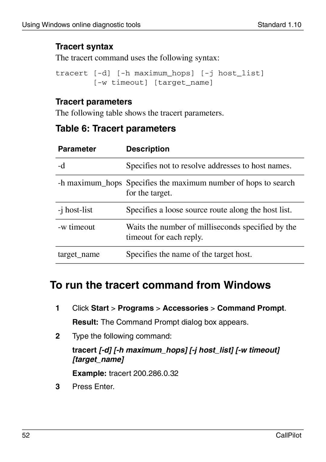 Nortel Networks 1005r manual To run the tracert command from Windows, Tracert parameters, Tracert syntax 