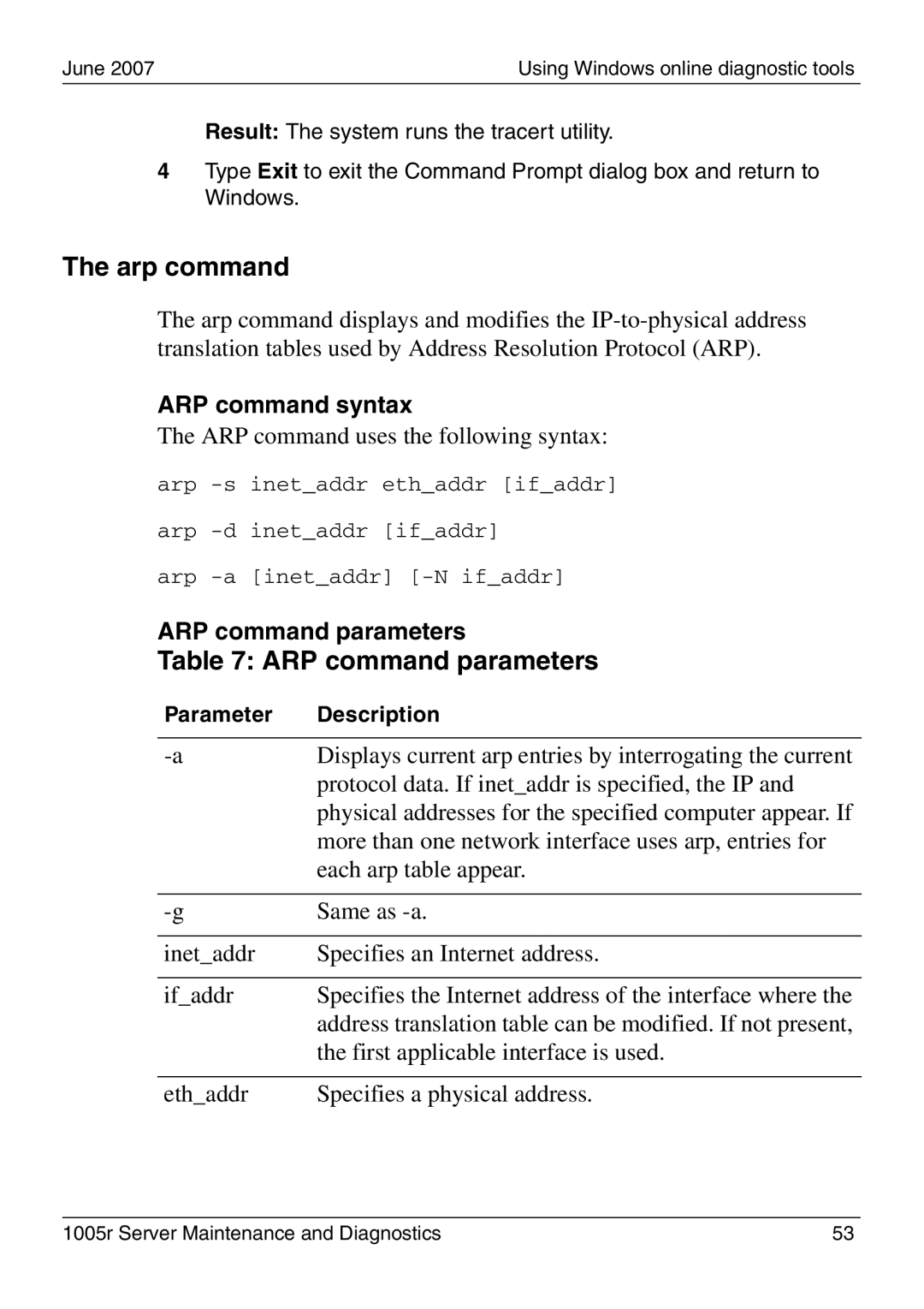 Nortel Networks 1005r manual Arp command, ARP command parameters, ARP command syntax 