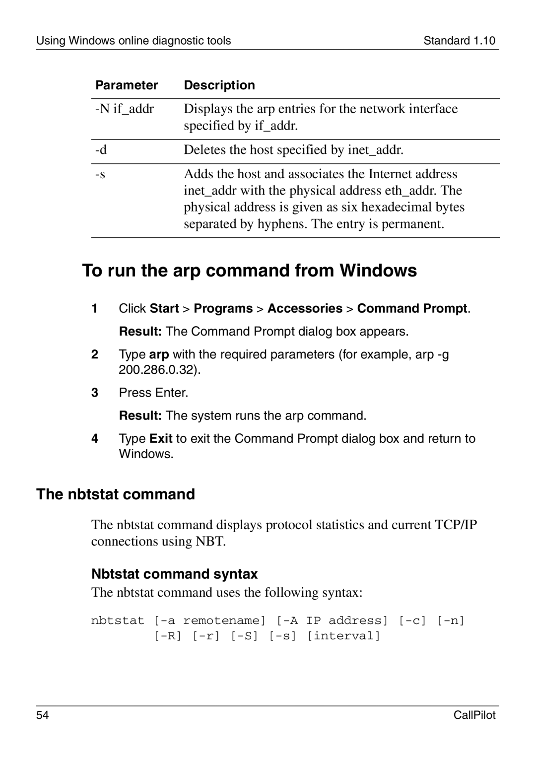 Nortel Networks 1005r manual To run the arp command from Windows, Nbtstat command syntax 