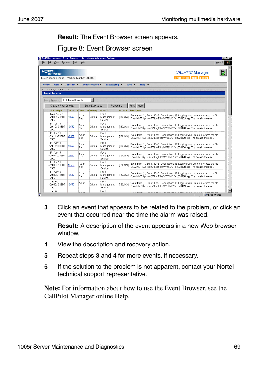 Nortel Networks 1005r manual Event Browser screen 