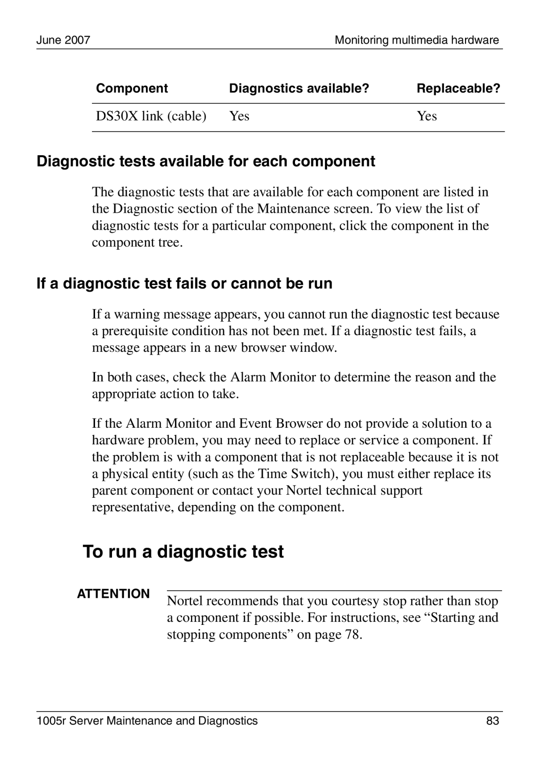 Nortel Networks 1005r manual To run a diagnostic test, Diagnostic tests available for each component 