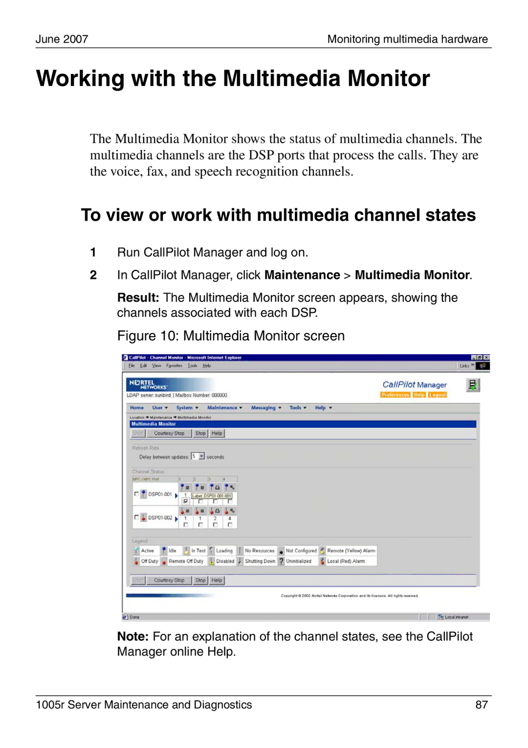 Nortel Networks 1005r manual Working with the Multimedia Monitor, To view or work with multimedia channel states 