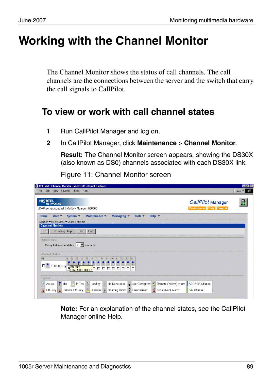 Nortel Networks 1005r manual Working with the Channel Monitor, To view or work with call channel states 