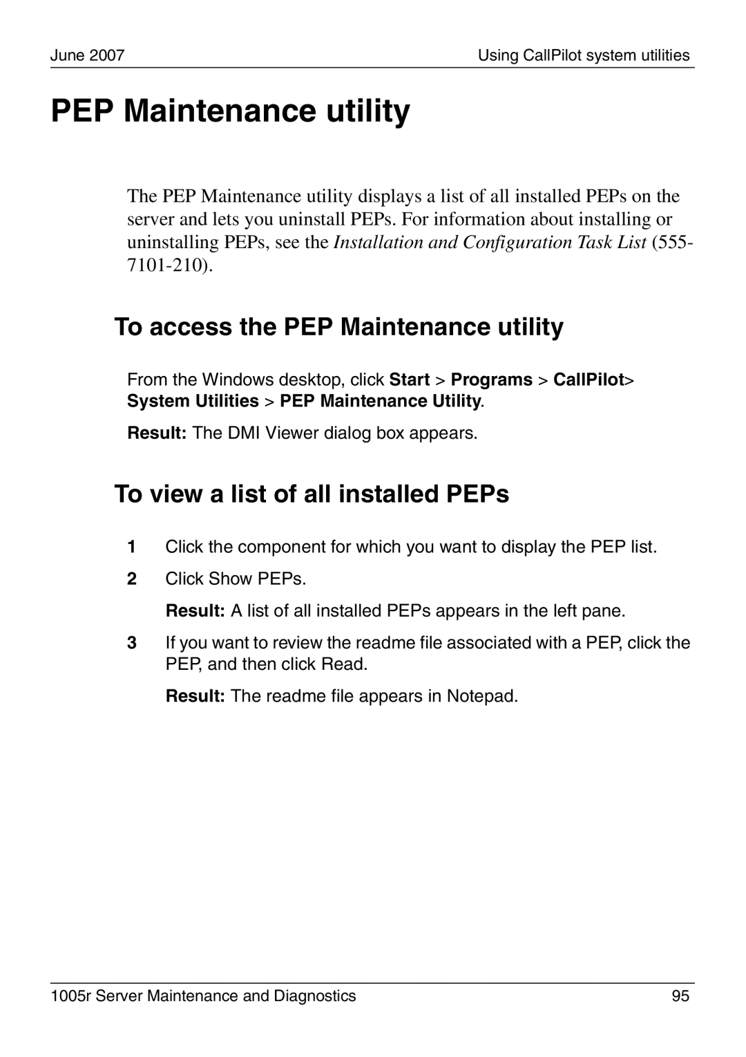 Nortel Networks 1005r manual To access the PEP Maintenance utility, To view a list of all installed PEPs 