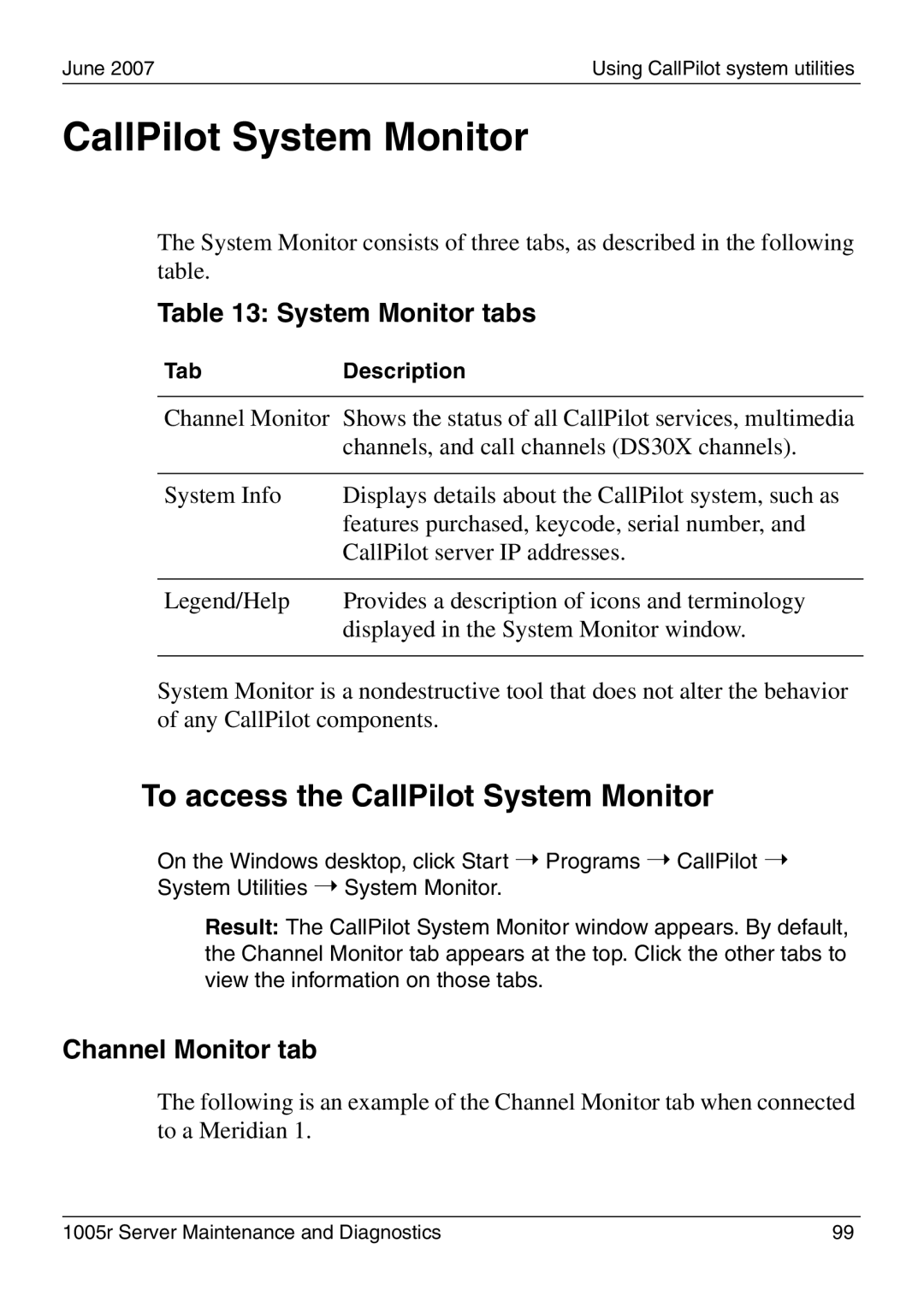 Nortel Networks 1005r manual To access the CallPilot System Monitor, System Monitor tabs, Channel Monitor tab 