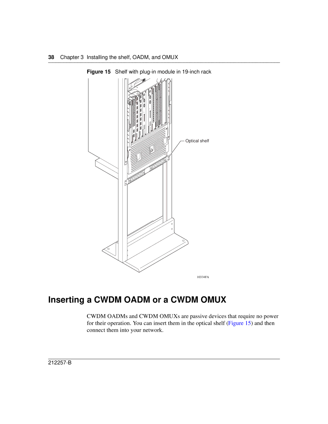 Nortel Networks 10292FA, 10396EA manual Inserting a Cwdm Oadm or a Cwdm Omux, Shelf with plug-in module in 19-inch rack 