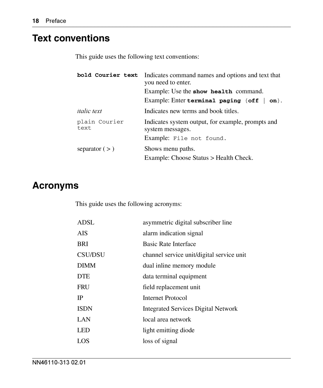 Nortel Networks 1050, 1100, 1010 manual Text conventions, Acronyms, Preface 