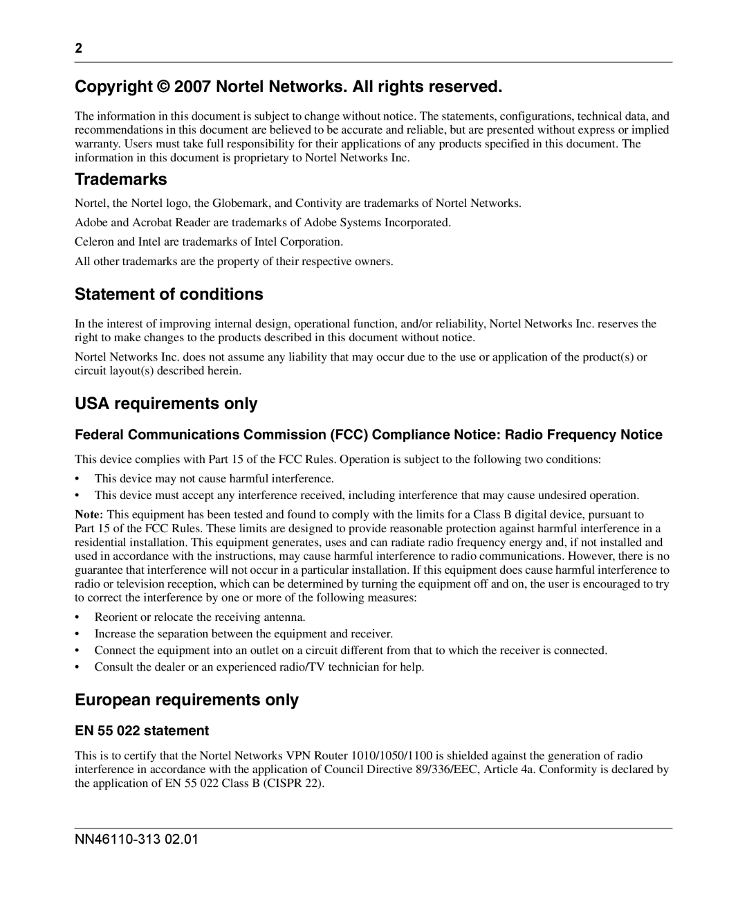 Nortel Networks 1010, 1050, 1100 manual Copyright 2007 Nortel Networks. All rights reserved, NN46110-313 