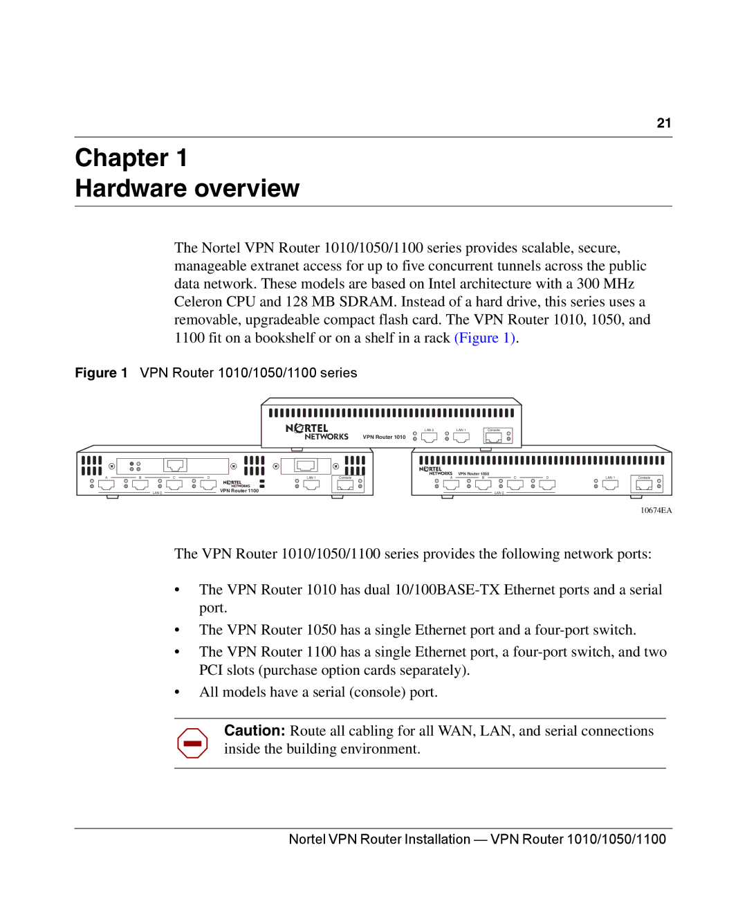 Nortel Networks manual Chapter Hardware overview, VPN Router 1010/1050/1100 series 