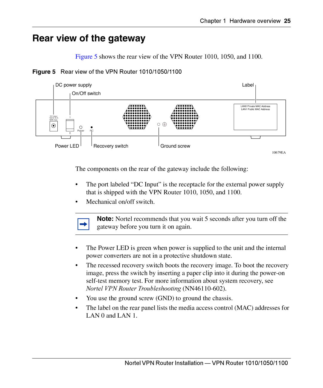 Nortel Networks manual Rear view of the gateway, Rear view of the VPN Router 1010/1050/1100 