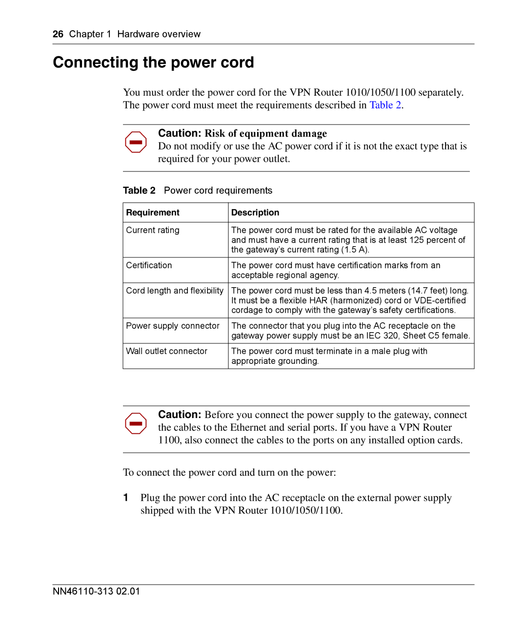 Nortel Networks 1010, 1050, 1100 manual Connecting the power cord, Power cord requirements, Requirement Description 