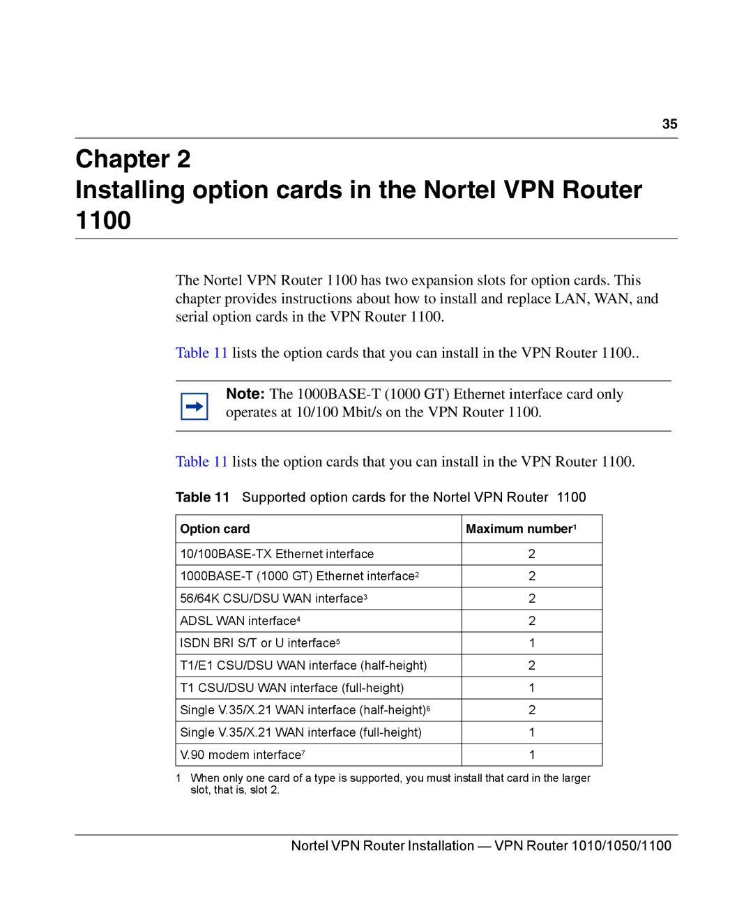 Nortel Networks 1010, 1050, 1100 manual Chapter Installing option cards in the Nortel VPN Router, Option card Maximum number 