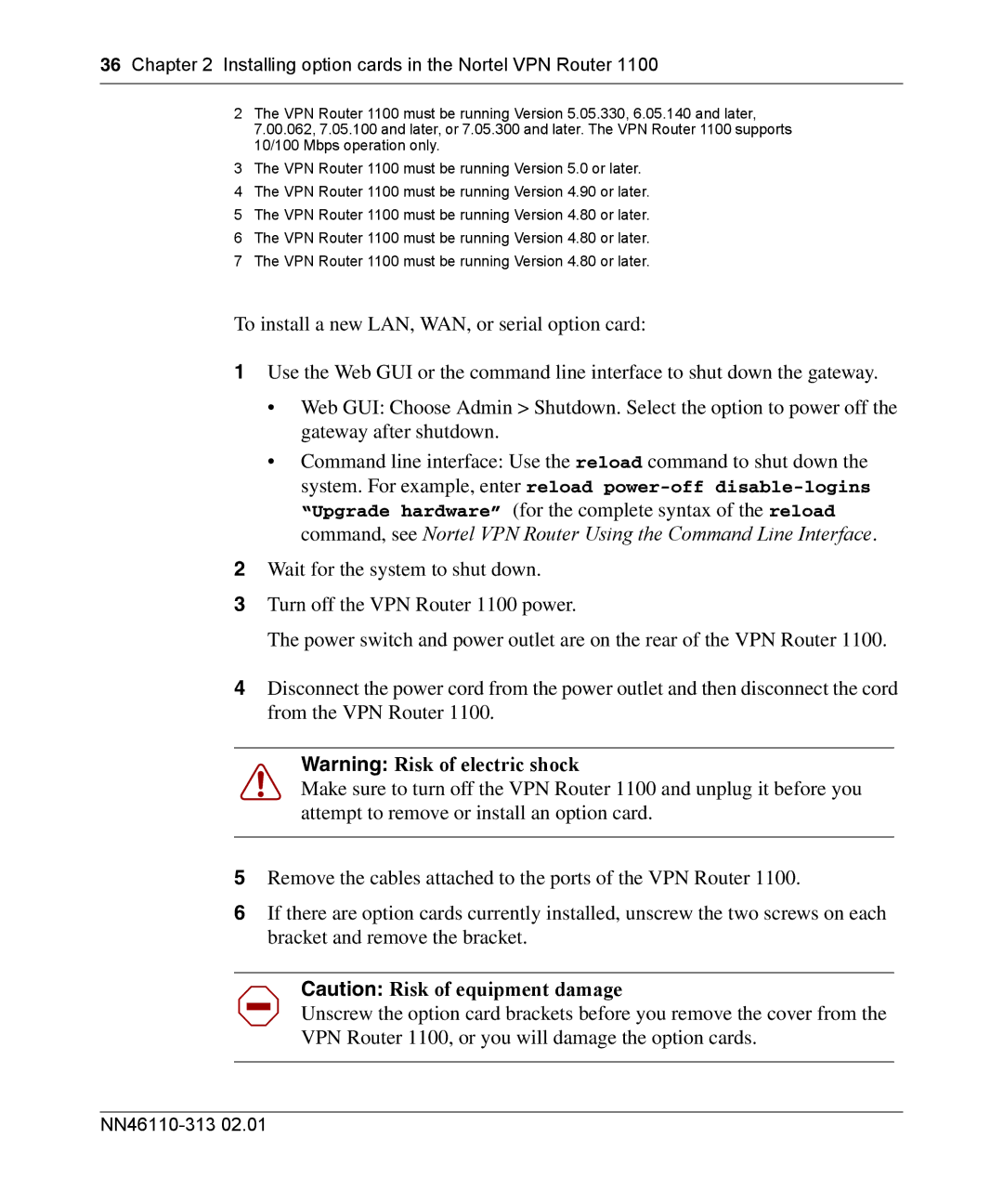 Nortel Networks 1050, 1100, 1010 manual Installing option cards in the Nortel VPN Router 