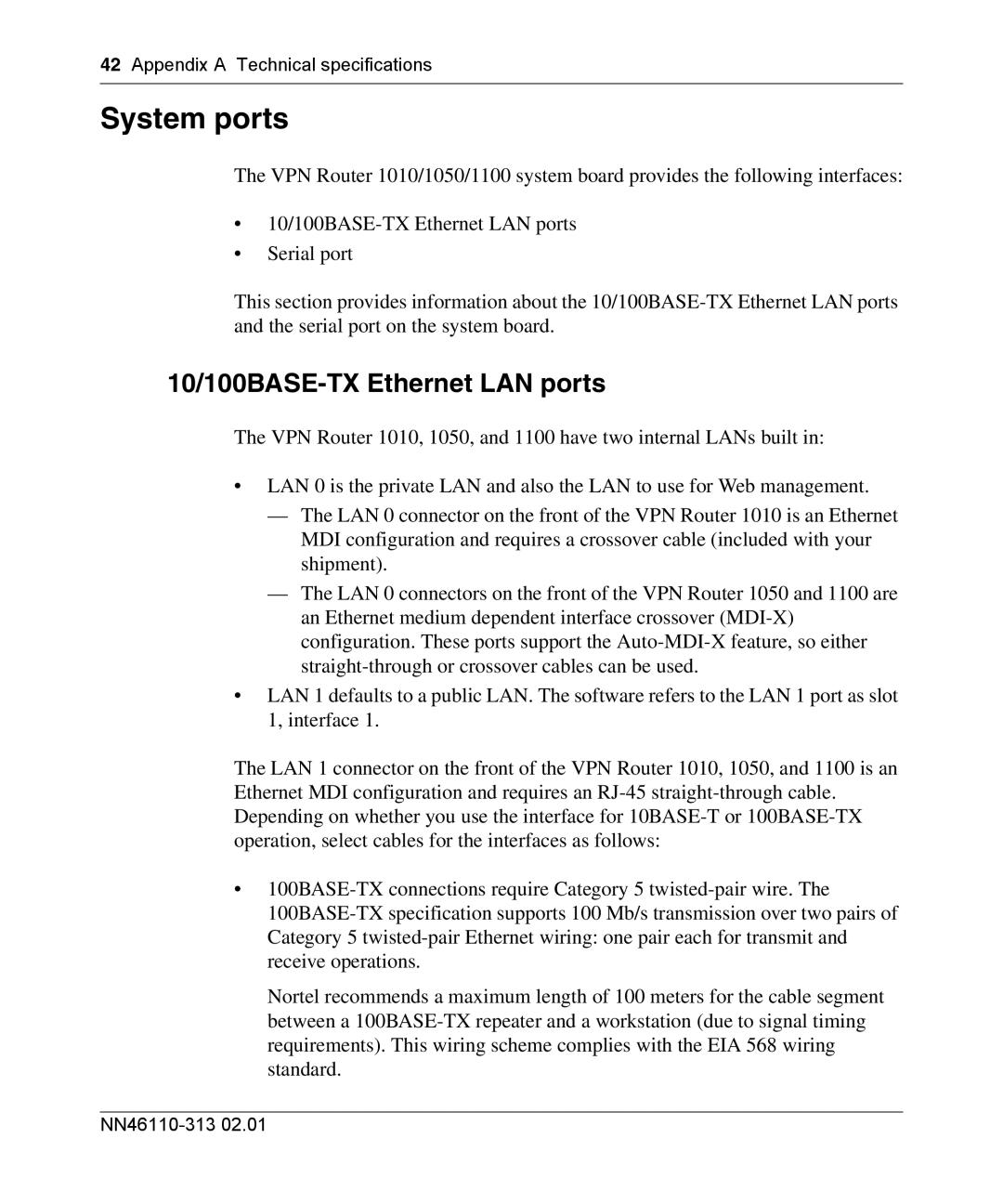 Nortel Networks 1050, 1100, 1010 manual System ports, 10/100BASE-TX Ethernet LAN ports, Appendix a Technical specifications 