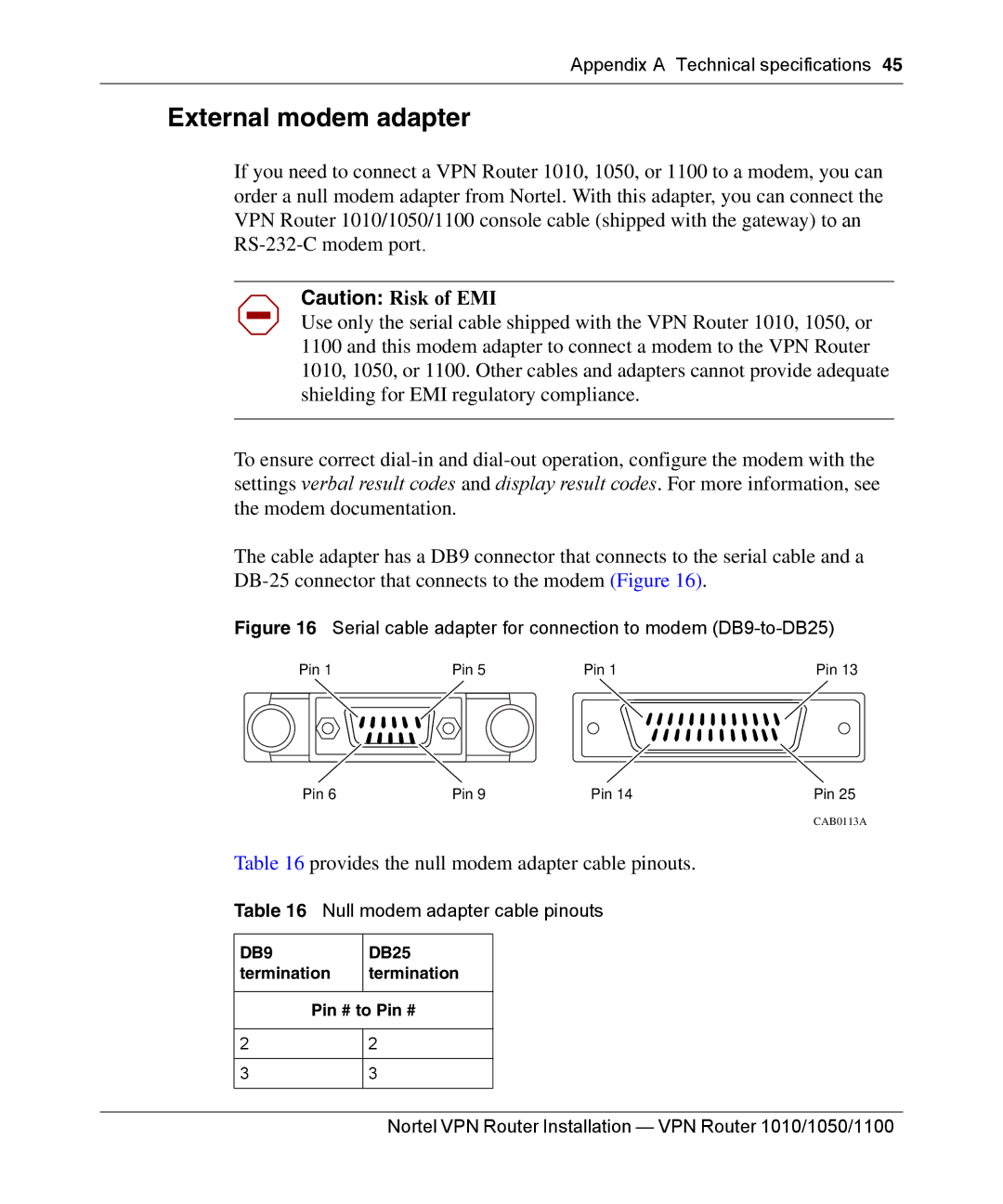 Nortel Networks 1050, 1100, 1010 manual External modem adapter, Null modem adapter cable pinouts 