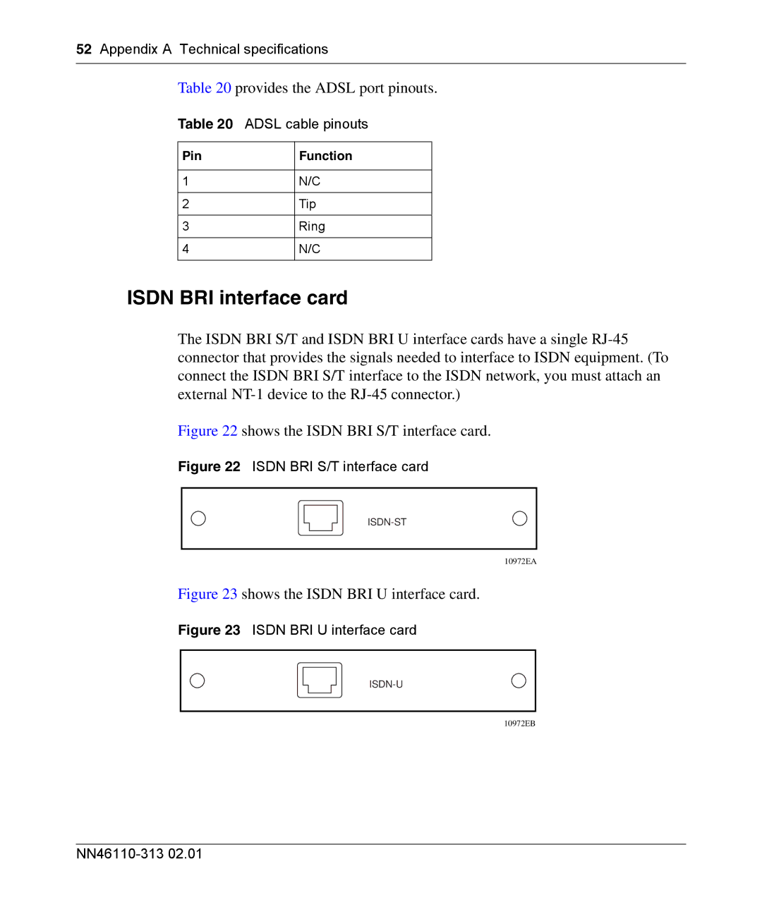 Nortel Networks 1100, 1050, 1010 manual Isdn BRI interface card, Adsl cable pinouts, Pin Function 