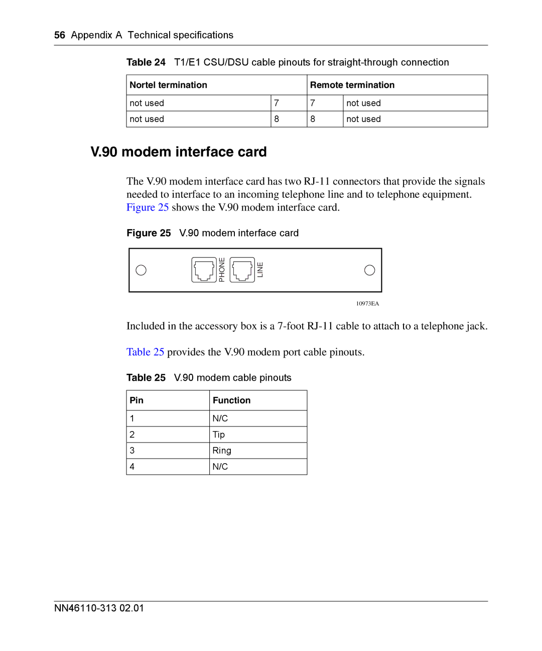 Nortel Networks 1010, 1050, 1100 manual Modem interface card, modem cable pinouts, Nortel termination Remote termination 