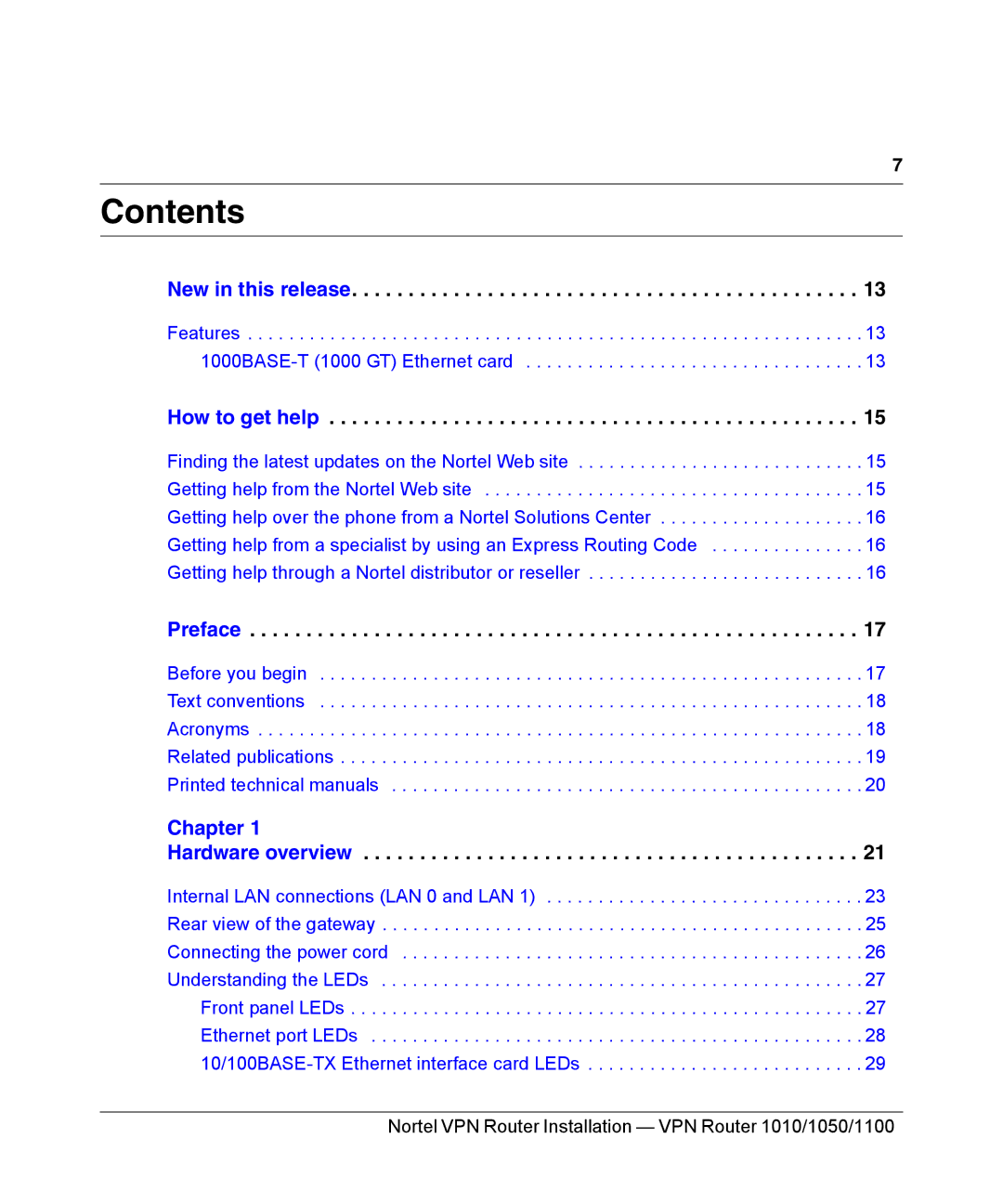 Nortel Networks 1100, 1050, 1010 manual Contents 