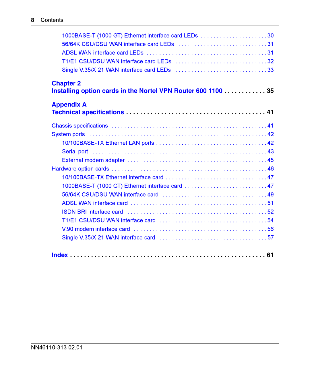 Nortel Networks 1010, 1050, 1100 manual Contents, 1000BASE-T 1000 GT Ethernet interface card LEDs 