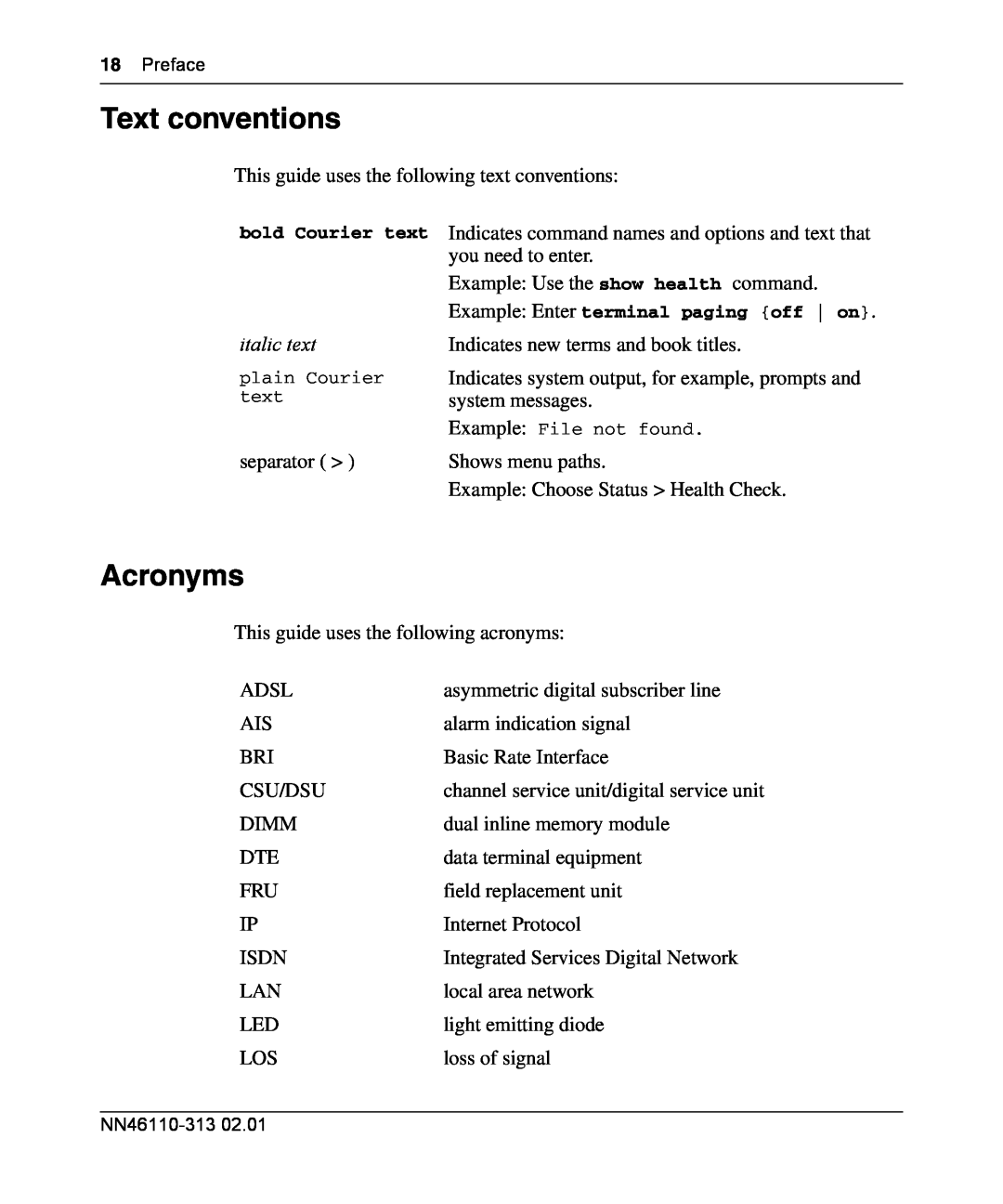 Nortel Networks 1050, 1100, 1010 manual Text conventions, Acronyms 
