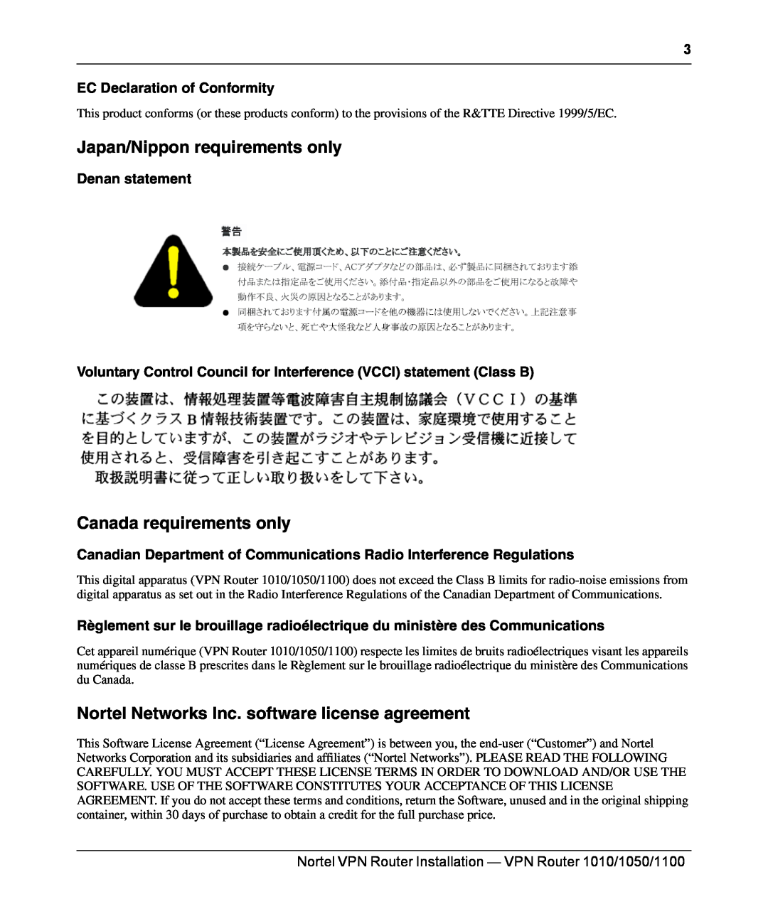 Nortel Networks 1050, 1100, 1010 Japan/Nippon requirements only, Canada requirements only, EC Declaration of Conformity 