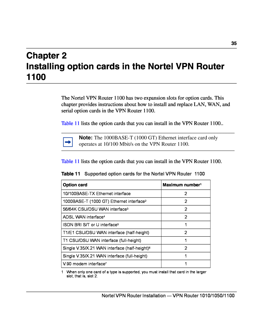 Nortel Networks 1010, 1050, 1100 manual Chapter Installing option cards in the Nortel VPN Router, Option card, Maximum number 