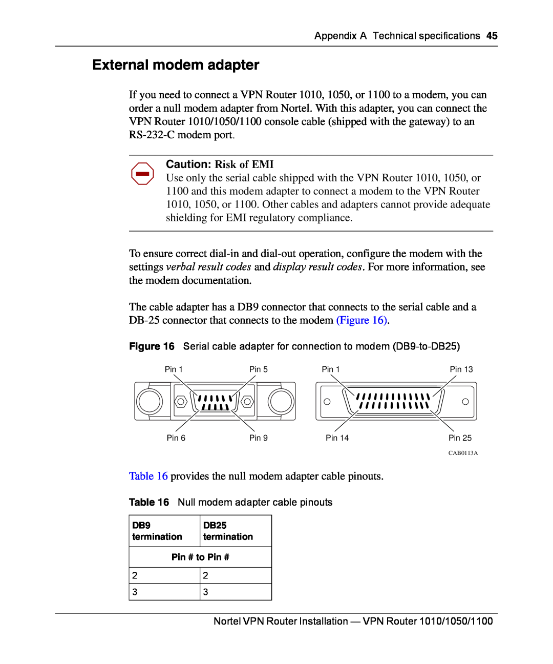 Nortel Networks 1050, 1100, 1010 manual External modem adapter, Caution Risk of EMI 