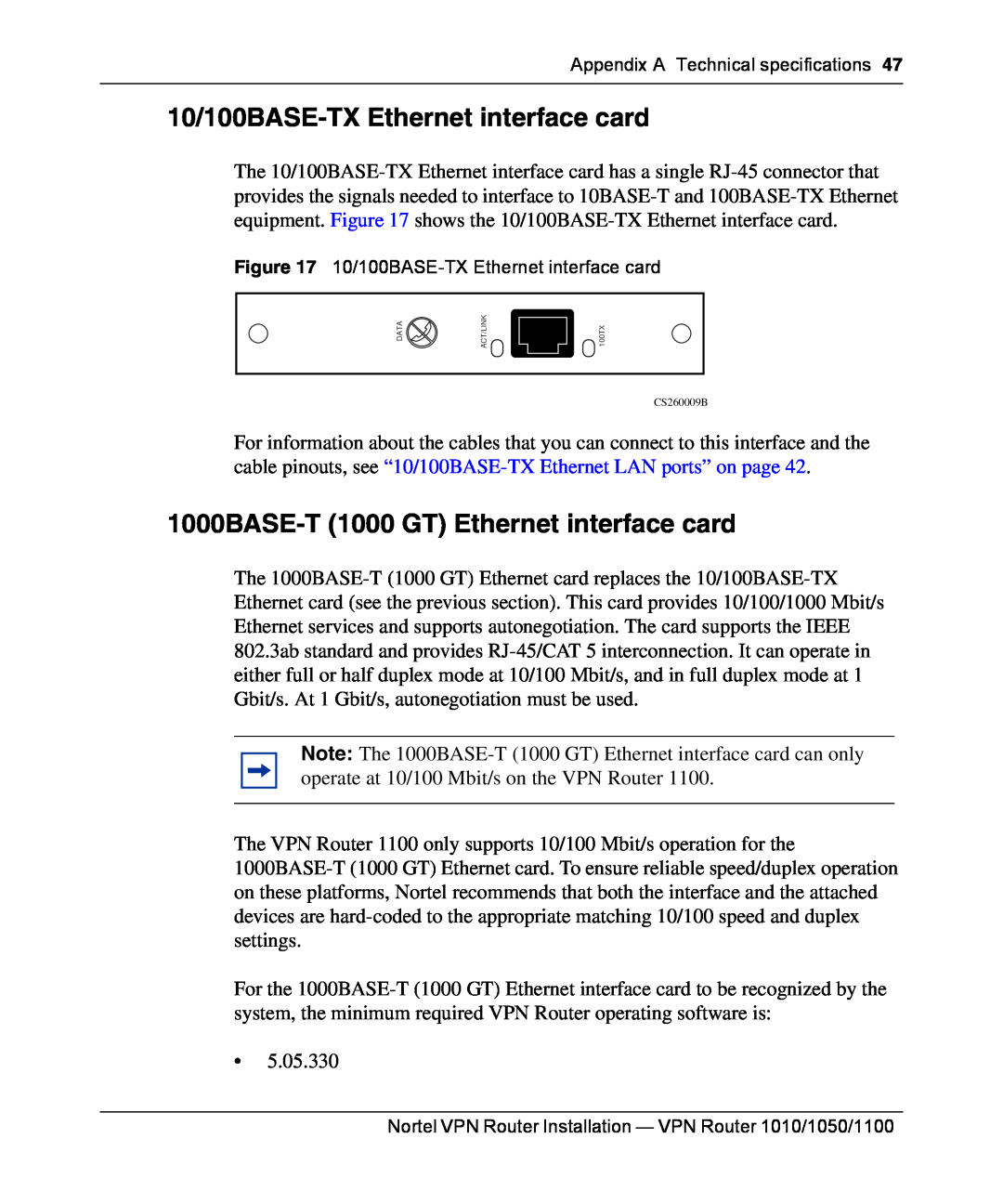 Nortel Networks 1010, 1050, 1100 manual 10/100BASE-TX Ethernet interface card, 1000BASE-T 1000 GT Ethernet interface card 