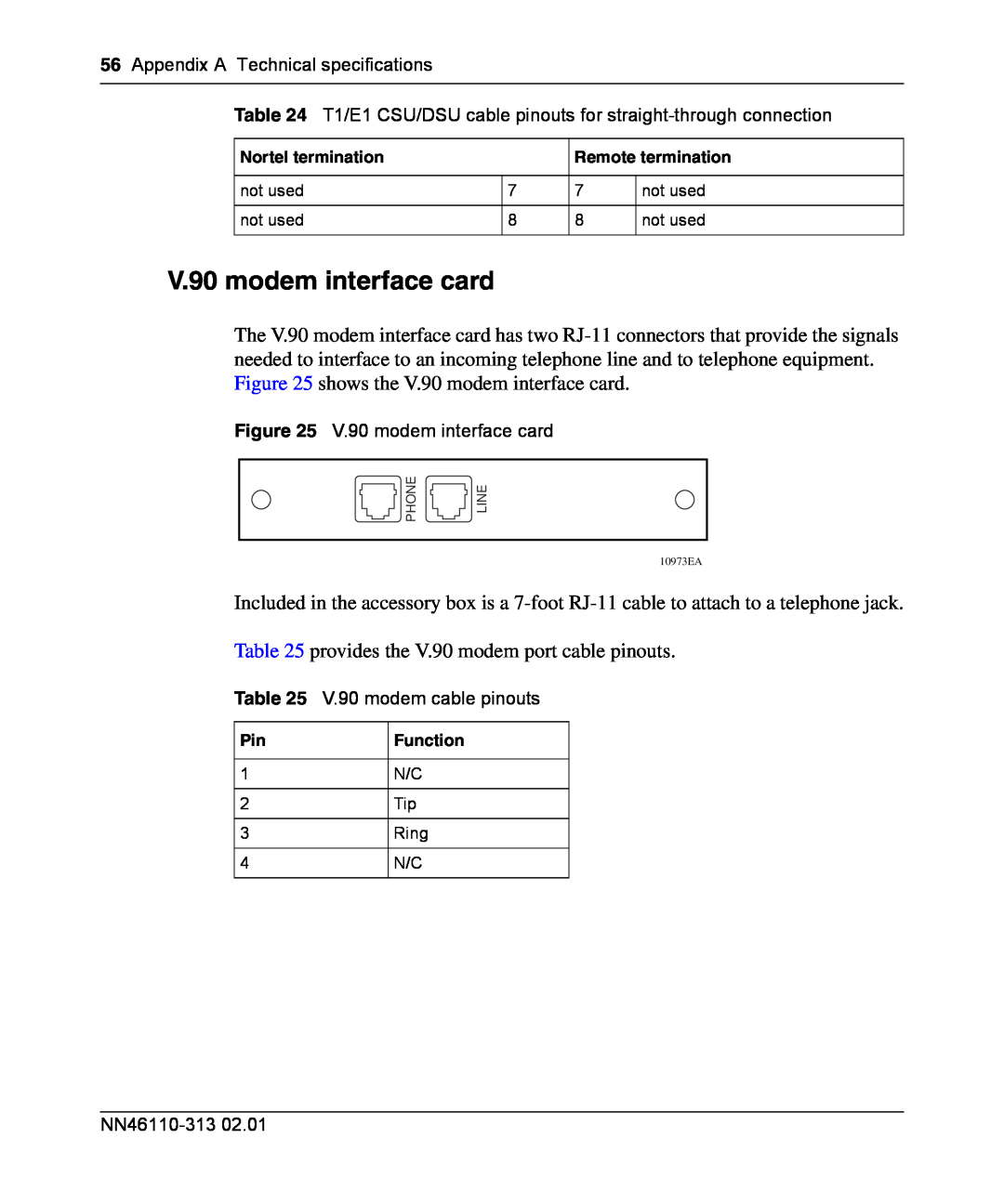 Nortel Networks 1010, 1050, 1100 manual V.90 modem interface card 